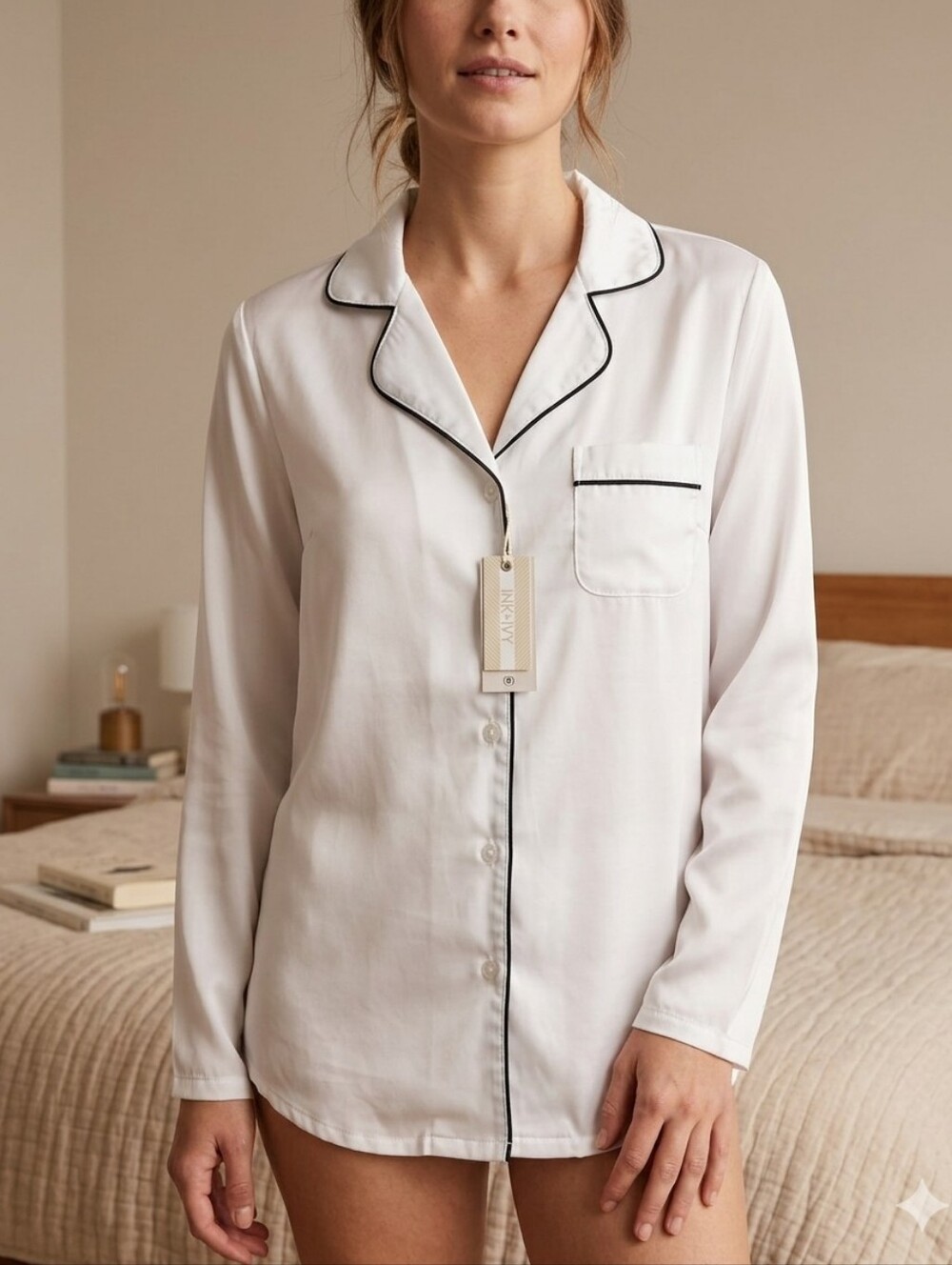 Ink+ivy Classic White Long-Sleeve Pajama Top with Black Piping Xs